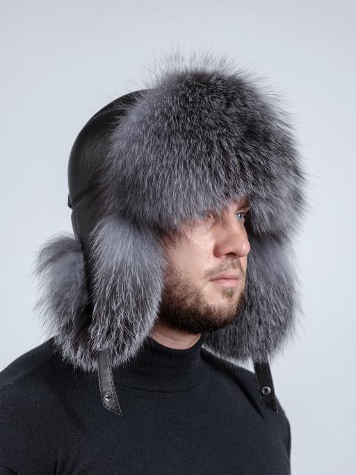 Ушанка-пилот из меха блюфроста и кожи, серебристый