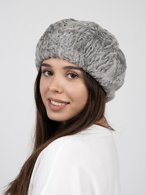 Берет из цельного меха каракуля, серый