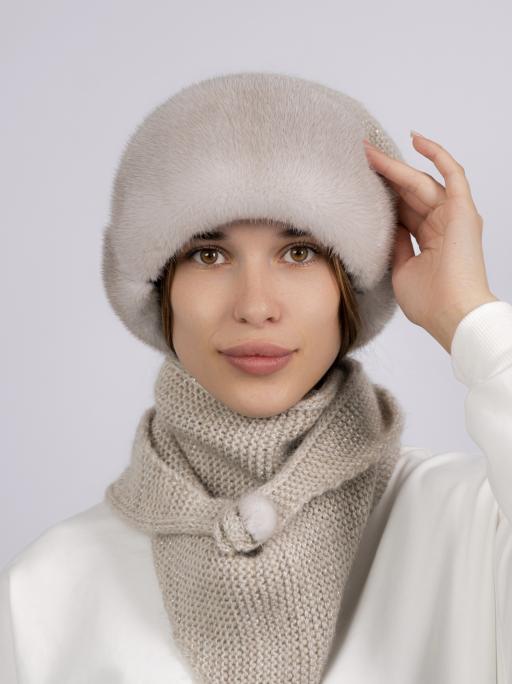 Шапка из меха норки на вязаной основе + косынка, колотый лед