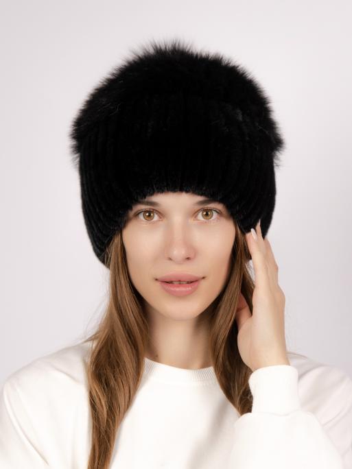 Шапка из меха кролика и песца с помпонами, черный