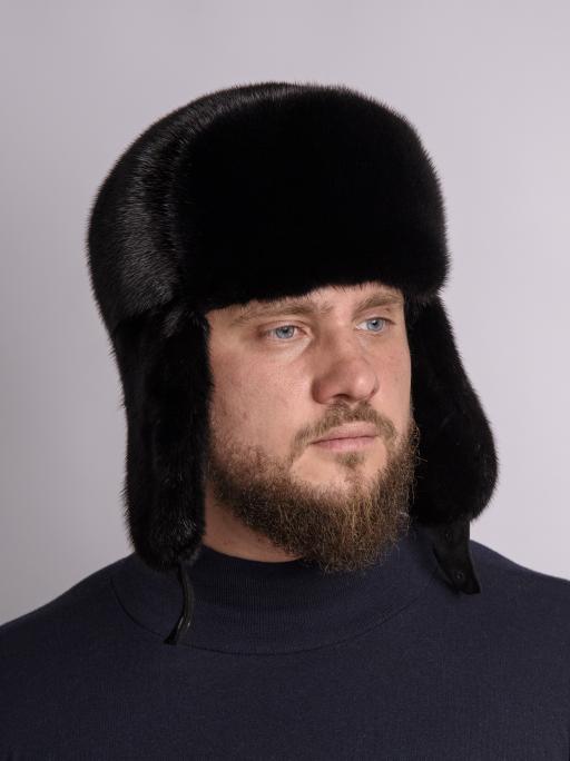 Ушанка-бомбер из цельного меха норки, черный