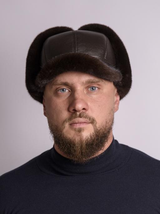 Кепка №1 из меха норки и кожи, «махагон»