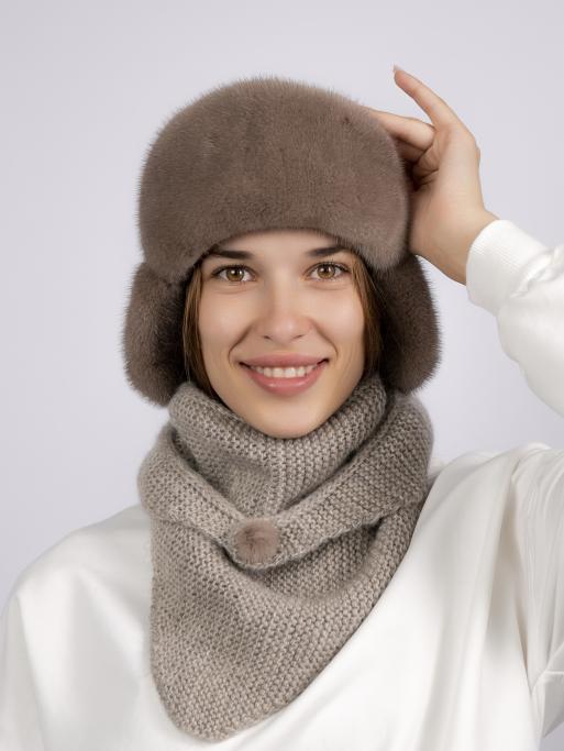 Шапка из меха норки на вязаной основе + косынка, коричневый