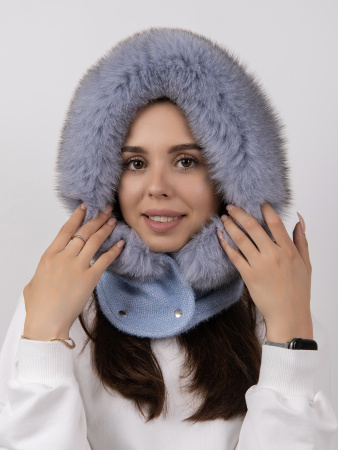 Капор из меха песца, серо-голубой