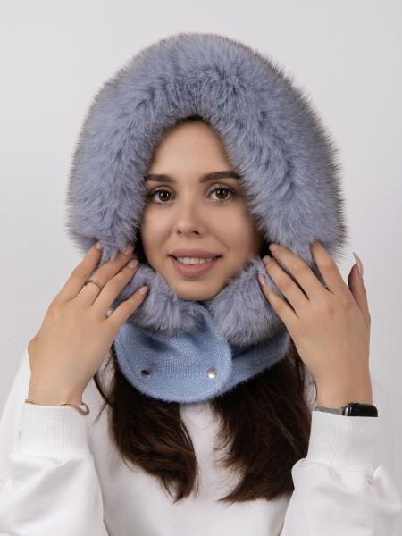 Капор из меха песца, серо-голубой