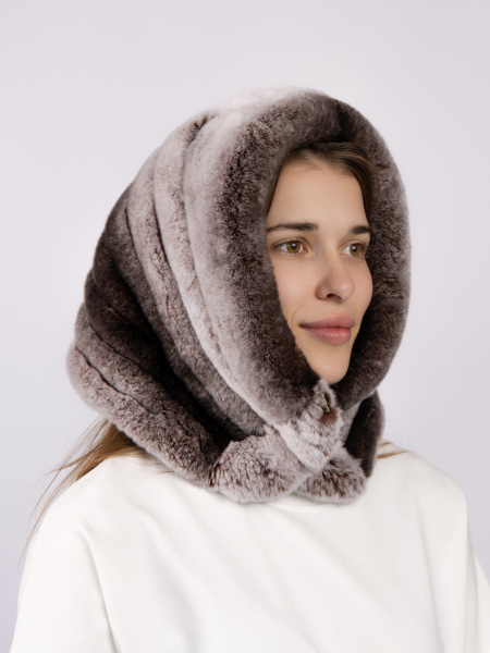 Капюшон из меха кролика, коричнево-белый