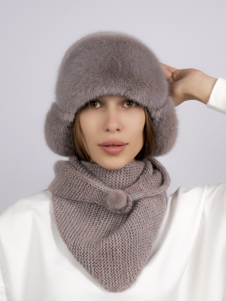 Шапка из меха норки на вязаной основе + косынка, серо-коричневый