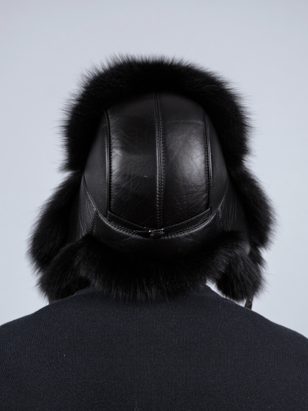 Ушанка-пилот из меха песца и кожи, черный