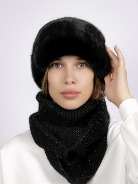 Шапка из меха норки на вязаной основе + косынка, черный