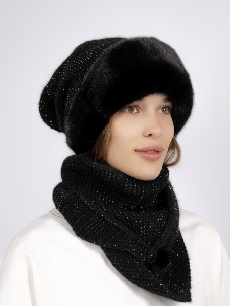 Шапка из меха норки на вязаной основе + косынка, черный