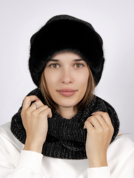 Шапка из меха норки на вязаной основе + шарф, черный