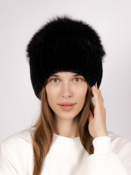 Шапка из меха кролика и песца с помпонами, черный