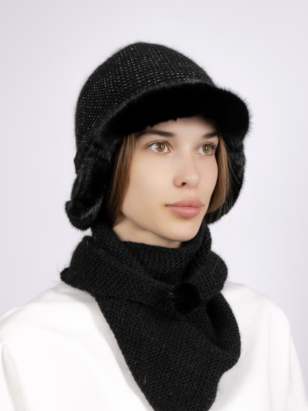 Шапка из меха норки на вязаной основе c козырьком + косынка, черный