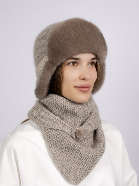 Шапка из меха норки на вязаной основе + косынка, коричневый