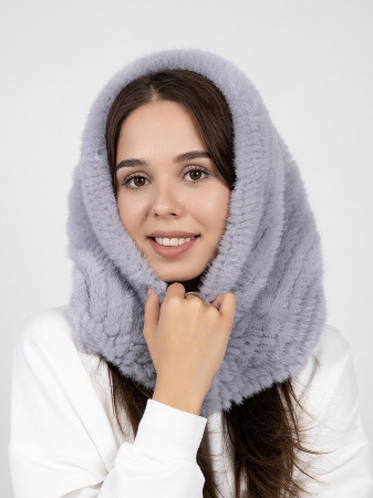 Капюшон вязаный из меха норки, серо-голубой
