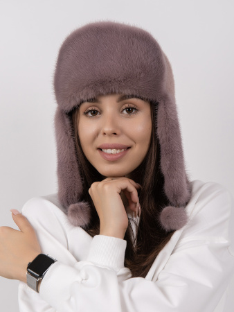 Ушанка из меха норки, чайная роза