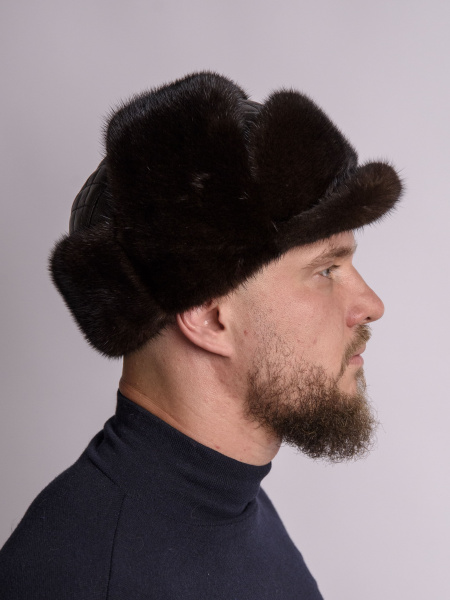 Кепка №3 из меха норки и кожи стеганой, «махагон»