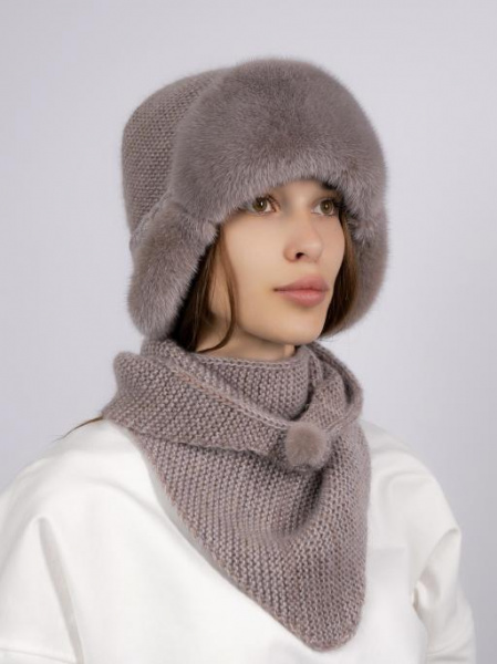 Шапка из меха норки на вязаной основе + косынка, серо-коричневый