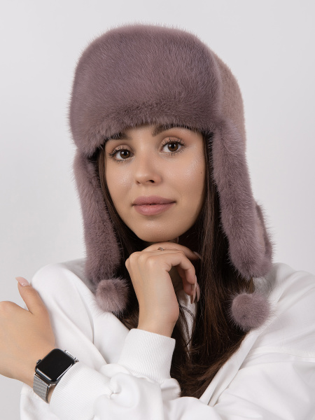 Ушанка из меха норки, чайная роза