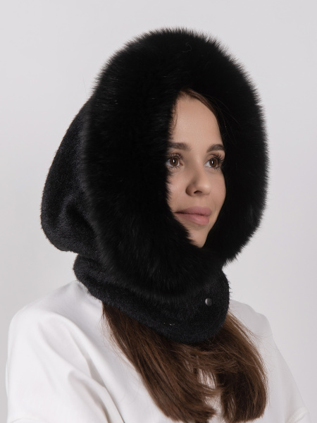 Капор из меха песца, черный