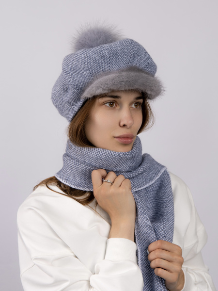 Кепка с мехом норки, серо-голубой