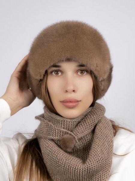 Шапка из меха норки на вязаной основе + косынка, коричневый