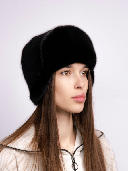 Шапка из меха норки на вязаной основе, черный