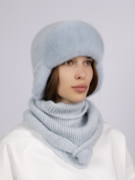 Шапка из меха норки на вязаной основе + косынка, голубой