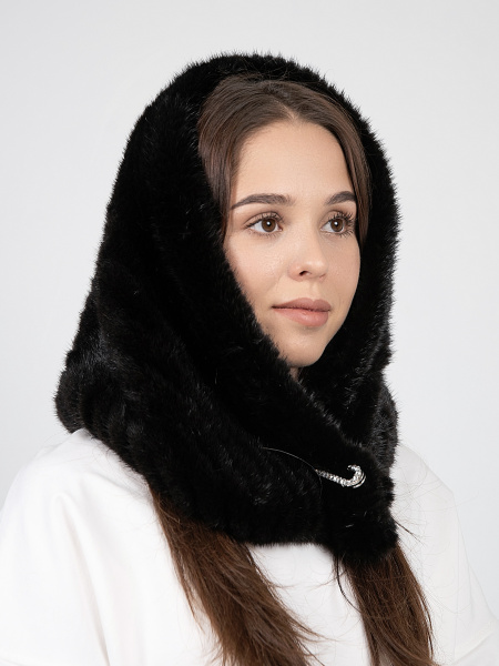 Капюшон вязаный из меха норки, черный