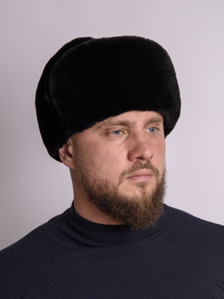 Ушанка из меха овчины и замши, черный
